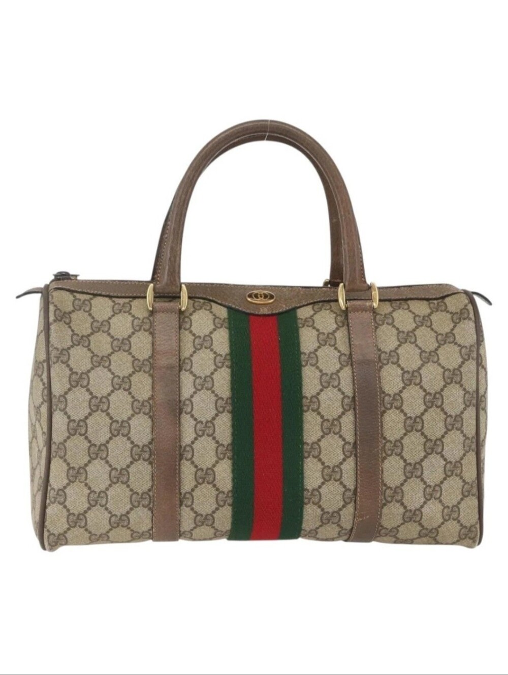 Gucci Sherry Line  Beige GG Canvas Satchel with Brown Trim and Red & Green Web